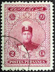 Persia circa 1924-25. Cancelled postage stamp printed by Persia, that shows Ahmed Shah Qajar in an...