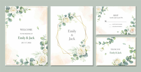 A vector set of wedding invitations with soft watercolor roses and foliage. - obrazy, fototapety, plakaty