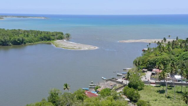 Drone view of Soco river mouth entering the ocean with sandbanks