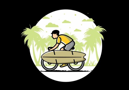 Ride a bike with a surf board illustration