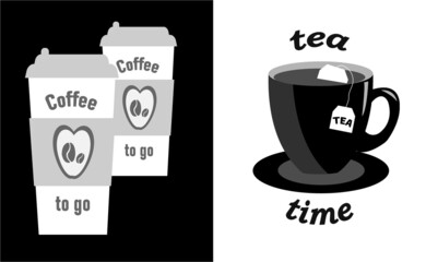 Picture on paper and plastic cup. Cup of tea with a bag. Sticker cup of coffee and tea. Disposable cup of coffee. Black and white background.
