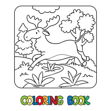 Funny running moose. Kids coloring book. Vector