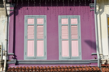 Pink and Blue Shutters on Purple Exterior Wall, Kampong Glam, Singapore
