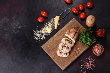 Delicious fresh meat roll made from chicken fillet, mushrooms, spices and herbs