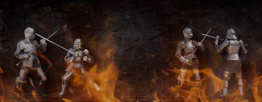 two knights in the ancient metal armor fighting in fire near the stone wall