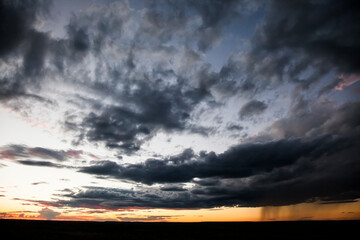 Distant rainstorm at sunset over the grassy plains of Mashatu Game Reserve, Botswana, Africa.