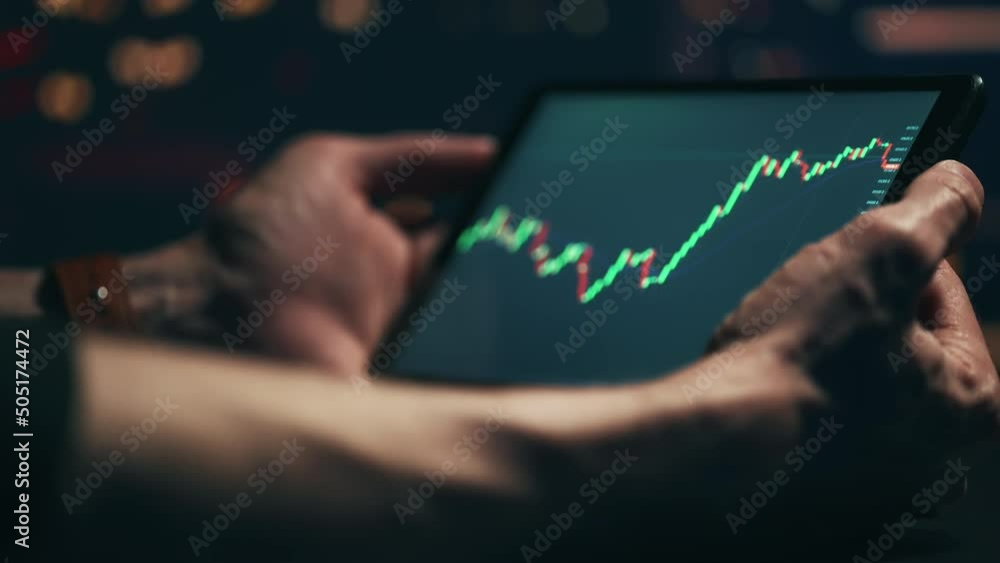 Poster stock market candles and information of exchange with data of price on the tablet screen. financial 