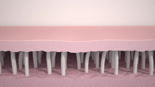 Wrinkle smoothing. Medical 3d animation showing a process of skin rejuvenation, the rebuilding of collagen and elastin fibers, wrinkles removing and skin tightening. The effect of anti-aging treatment