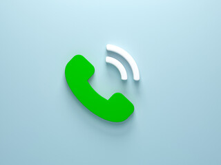 3D rendering, 3D illustration. Minimal phone call symbol on light blue background. Green Telephone icon.