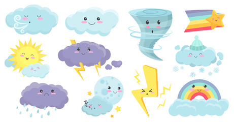 Cute weather characters set vector illustration. Cartoon colorful rainbow, rain and snow clouds with lightning, sun and moon with kawaii faces isolated white. Baby meteorology, nature concept