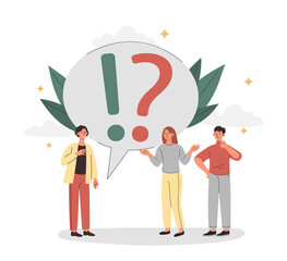 Fototapeta na wymiar Frequently Asked Questions Concept. Young men and women stand next to speech bubble with question and exclamation mark. Customer support service. Problem solving. Cartoon flat vector illustration