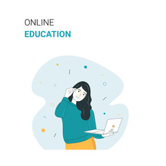 Online Education Landing Page Template.  Distant Studying. Laptop. Lesson on Screen. Cartoon People Vector Illustration
