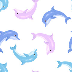 Cartoon dolphins seamless pattern. Vector illustration with cute sea animals. Children's background.