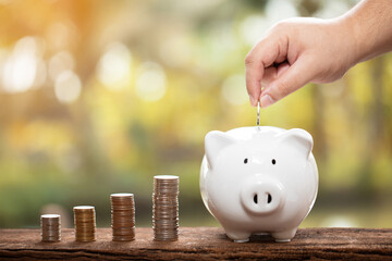Hands putting coins on a piggy bank with a natural blur background. a pile of coins, business,...
