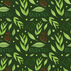 Seamless watercolor tea pattern with tea plant leaves and simple lettering on green background.