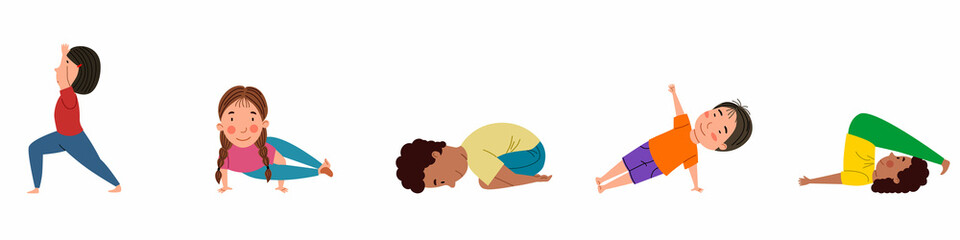 A set of pretty girls and boys of different nationalities are engaged in yoga. Yoga for children. Vector illustration in a flat style