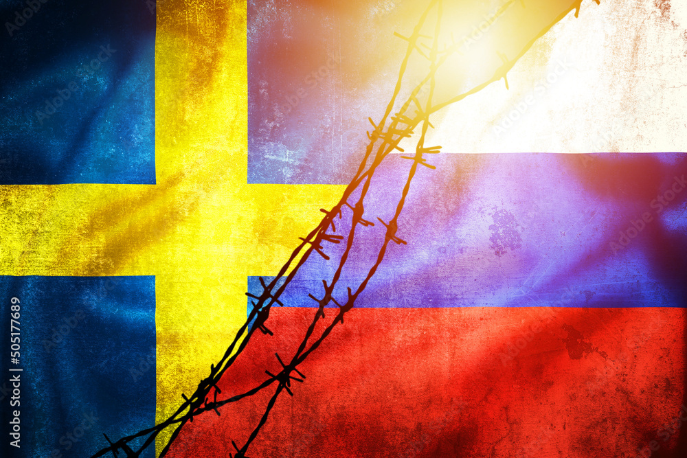 Canvas Prints Grunge flags of Russian Federation and Sweden divided by barb wire sun haze illustration