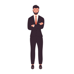 Standing businessman with crossed arms. Office manager in suit folded arms vector illustration