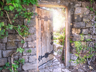 Mysterious wooden open door leading to garden as entrance to fairyland. Concept of new life, hope,...