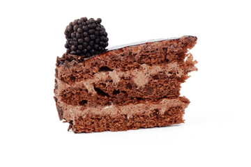 a piece of delicious chocolate cake isolated on a white background