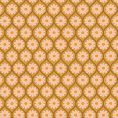 Retro white flowers in brown ogee oval seamless pattern on mustard green background. For wallpaper, home décor and textile 