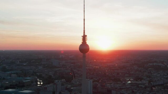 Aerial view of tv tower and the rotes rathaus red cityhall at berlin Alexander Platz during sunset
