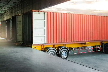 Cargo Container Trailer Parked Loading Dock at Distribution Warehouse. Shipping Trucks. Lorry....