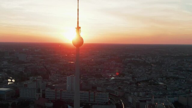 Aerial Shot of the TV Tower in Berlin, Germany. Circling Tower in a City