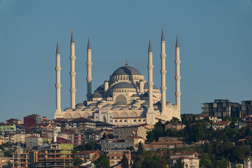 Fototapeta na wymiar Camlica Mosque in the Sunset Time Drone Photo, Camlica Hill Uskudar, Istanbul Turkey 