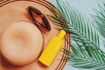 Beige wicker straw hat, sunglasses, sunscreen and green palm leaves. Summer beach flat lay photo composition. Sea travel 2022 concept