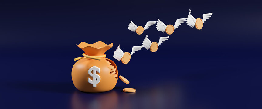 Money bag has leaks and gold coin wings flying away, spend money concept, business finance management concept, lose money from investment mistake, money bundle, 3d rendering illustration