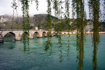 View of the famous Bridge over the Drina River through the green spring branches of a birch tree.