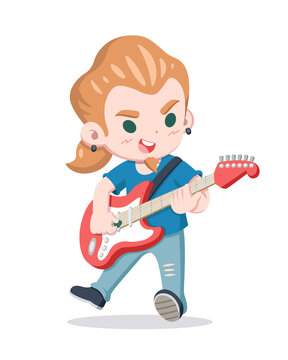 Cute style guitarist soloing red guitar cartoon illustration
