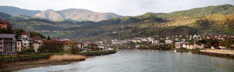 Panoramic view from the famous Bridge over the river Drina to the town of Višegrad,, located on both sides of the water.