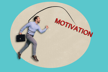 Creative image of excited crazy running person jump hold briefcase catch motivation