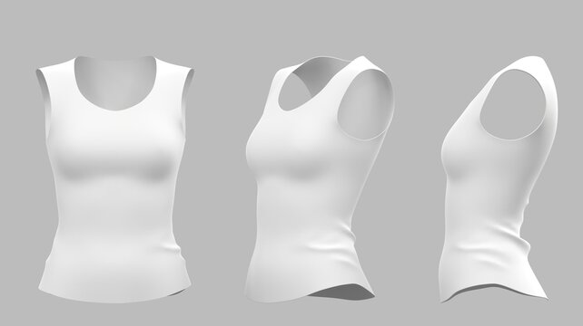 3D Women's sleeveless tank top, t-shirt round crew front, side and angle view. Realistic mockup of female sport or casual wear isolated on grey background. Template for clothes design, 3d render