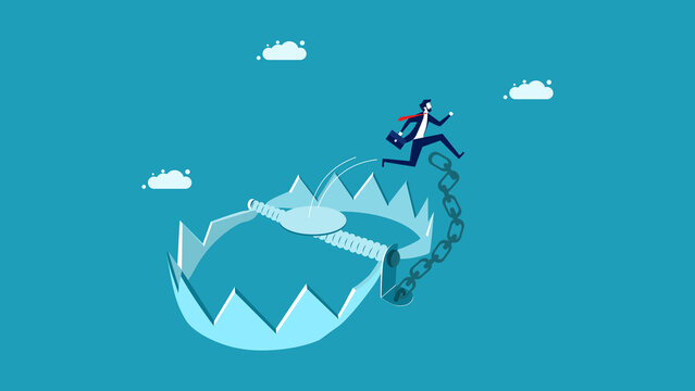 Avoid risks and problems. Businessman jumping out of a trap. business concept