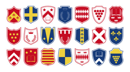 Coat of arms shields set in different shapes and design. Blazon shield collections with fleur de lis, book, laurel wreath and crown. Vector illustration.
