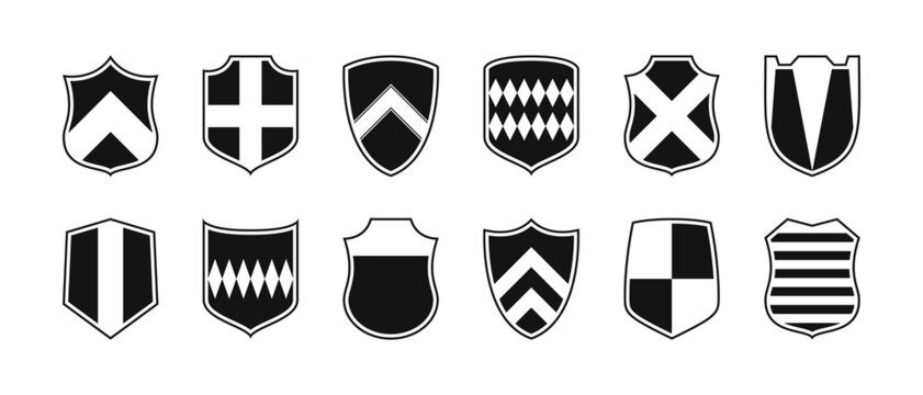 Shields set in different shapes and design. Coat of arms and blazons collections. Security shield icons. Vector illustration.