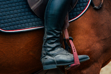 In the stirrup is the foot of a rider in a black boot. Equestrian sports. Horse riding. - obrazy, fototapety, plakaty