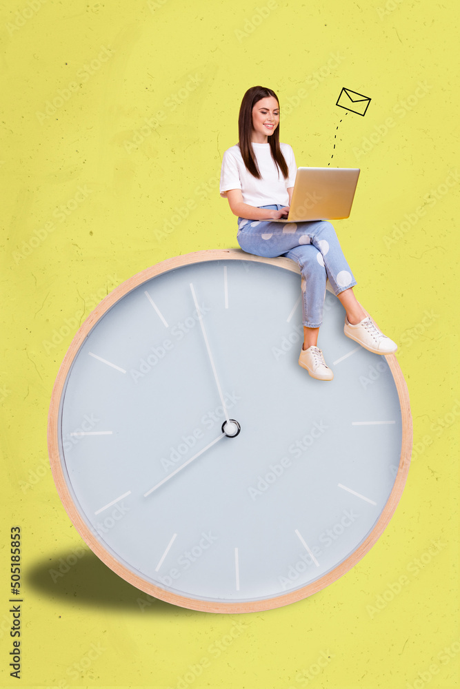 Poster vertical creative portrait of girl sitting big clock use wireless netbook isolated on drawing yellow