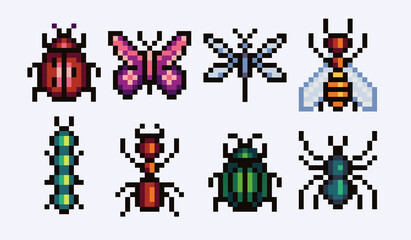 Fototapeta na wymiar Insects pixel art set. Bugs and beetles collection. 8 bit sprite. Game development, mobile app. Isolated vector illustration.