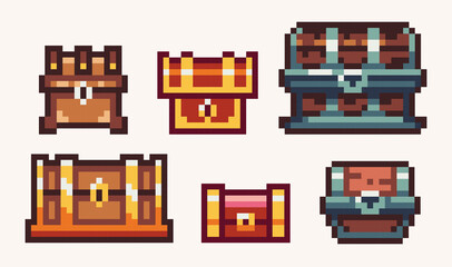 Wooden and golden chest pixel art set. Treasure box collection. 8 bit sprite. Game development, mobile app.  Isolated vector illustration.