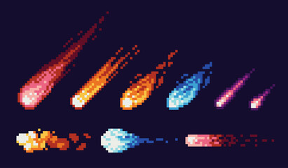 Cosmic sparkling comet pixel art set. Falling shiny asteroids collection. 8 bit sprite. Game development, mobile app.  Isolated vector illustration. - obrazy, fototapety, plakaty