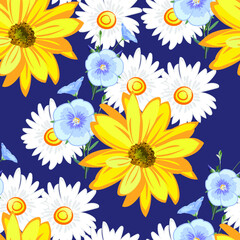 Flower pattern, flowers of sunflower,  chamomile, flax, flowers and blossoms linen close up on dark blue background, seamless texture, EPS 10, vector