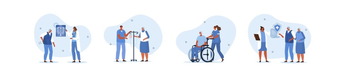 Elderly healthcare illustration set. Seniors in nursing home hospital meeting with doctor, having consultation and care from nurse. Geriatric medicine concept. Vector illustration. - obrazy, fototapety, plakaty