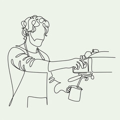 Continue line of barista pouring milk to coffee. Line art drawing of staff coffee vector illustration. Minimalist 