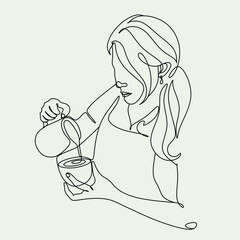 Continue line of barista pouring milk to coffee. Line art drawing of staff coffee vector illustration. Minimalist  - obrazy, fototapety, plakaty