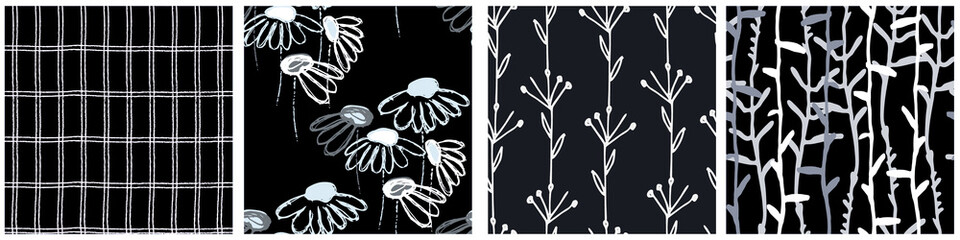 Seamless patterns set with hand drawn Echinacea flowers on black background for surface design and other design projects © Blooming Sally