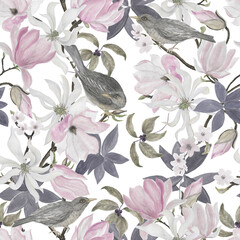 Watercolor painting seamless pattern with magnolia, cherry flowers and birds - 505188296